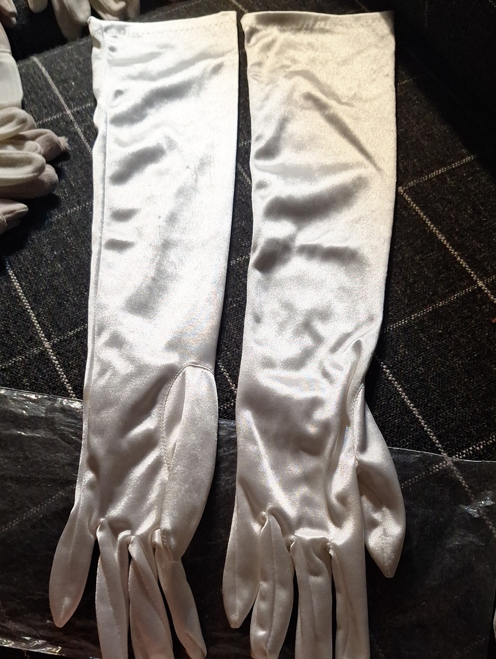 Long Satin Opera Gloves in Shimmering Silvery White. 18"